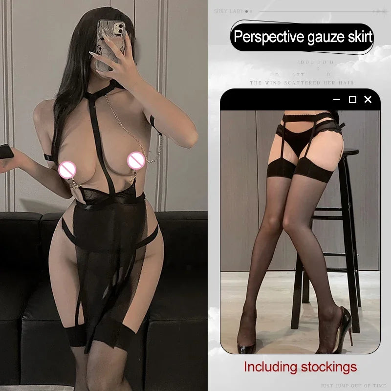 See-through Erotic Lingerie Teddy Underwear Baby Doll Dress For Women Black Lace Deep V Open Crotch Porno Costumes Bodysuit 18