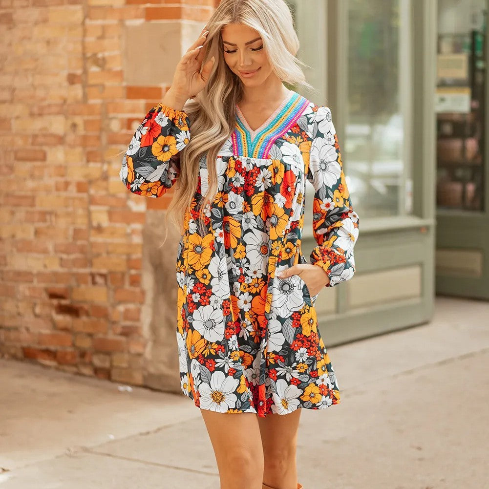 Floral Print Mini Dress - V-Neck Long Sleeve