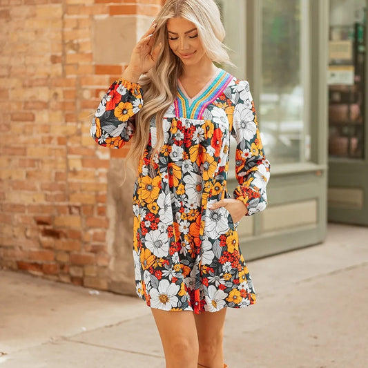 Floral Print Mini Dress - V-Neck Long Sleeve