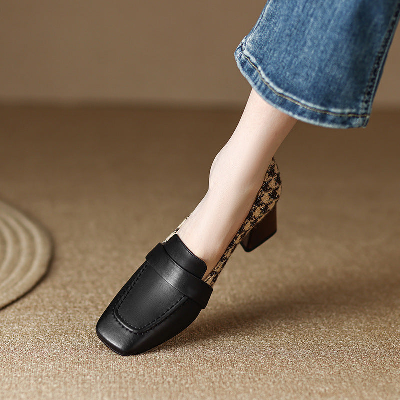 Chunky Heel Square Toe Shoes - Cloth