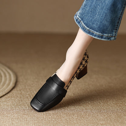 Chunky Heel Square Toe Shoes - Cloth