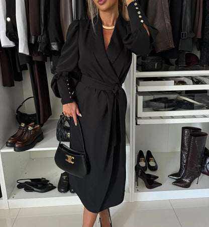 High Waist Long Sleeve Dress - Polyester