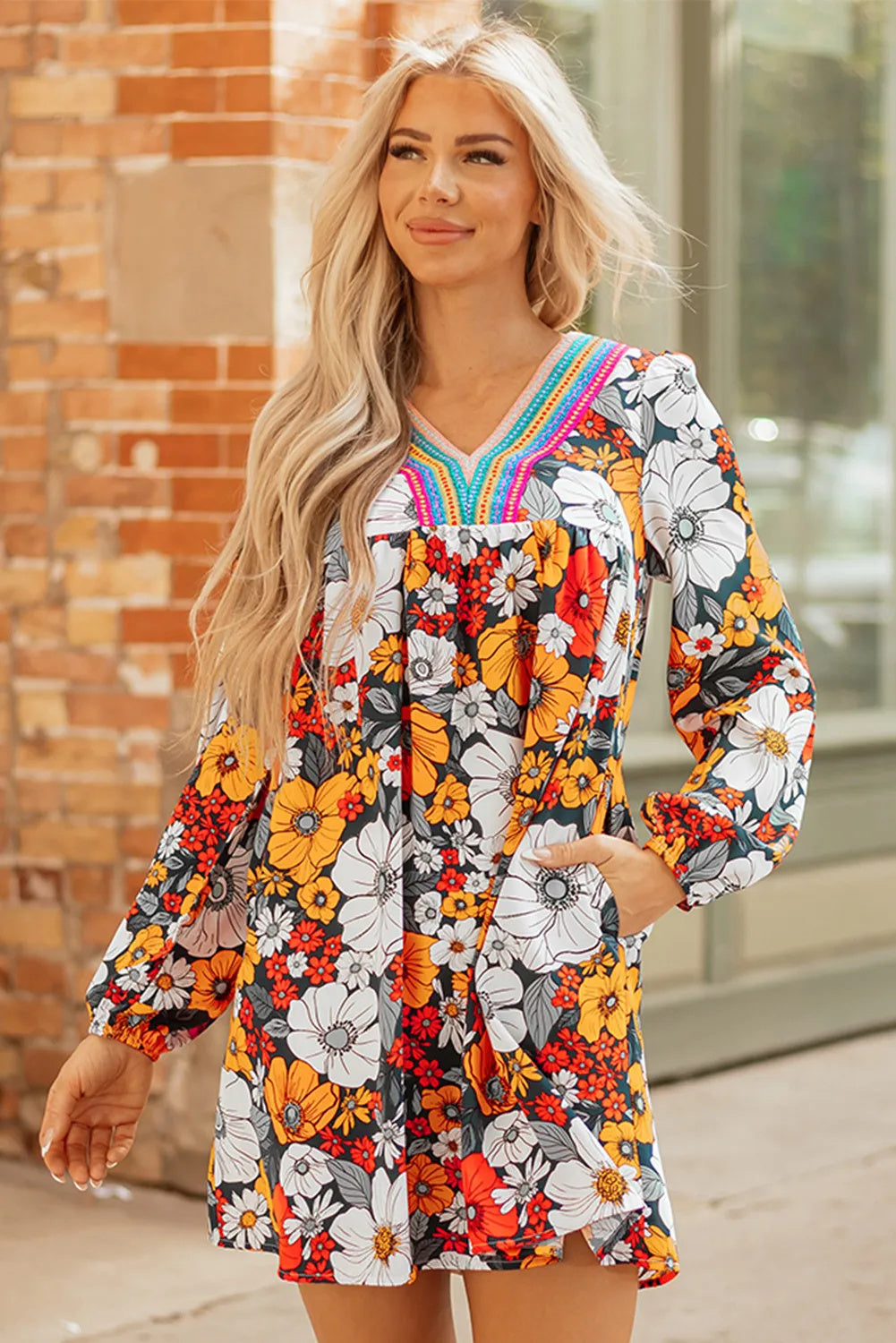 Floral Print Mini Dress - V-Neck Long Sleeve