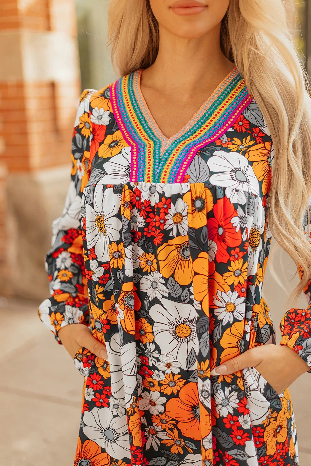 Floral Print Mini Dress - V-Neck Long Sleeve